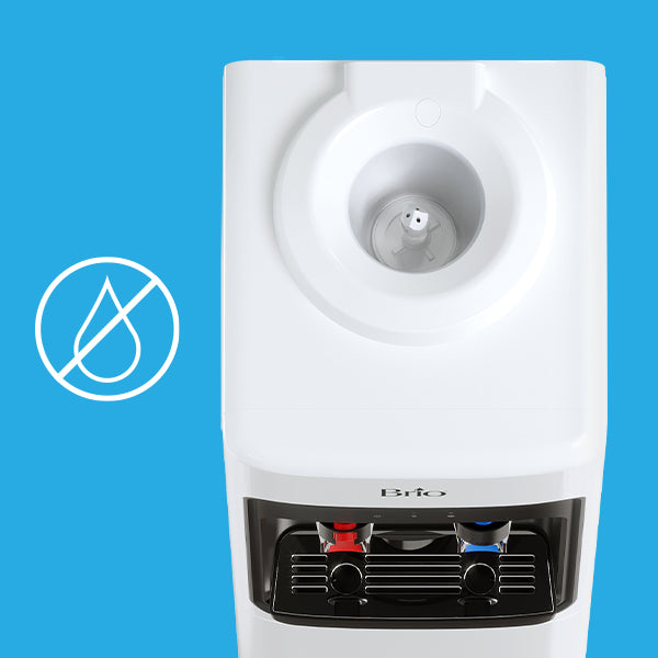 Top view of a white water dispenser with empty bottle area, against a blue background. A white water droplet with a line through it, indicating no water, appears on the left side of the image.